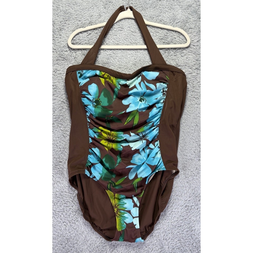 NWT 20W Ruched Swimsuit Sears Tropical Escape Removable Straps Brown Floral